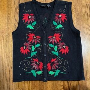 One Resource Poinsettia Christmas Holiday Black Sweater Vest Cardigan Sz Medium